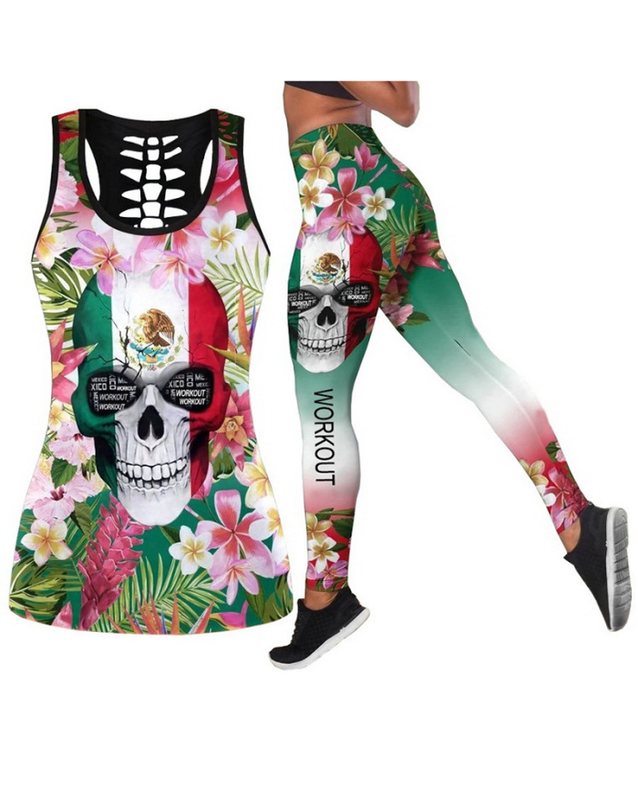 Women Casual Yoga Sport Sleeveless Suit T Shirt YinYang Skull Rose Print 3D Tank Tops Pants Cool Flower Skull Tanks Back Hollow out Vest Casual Tees