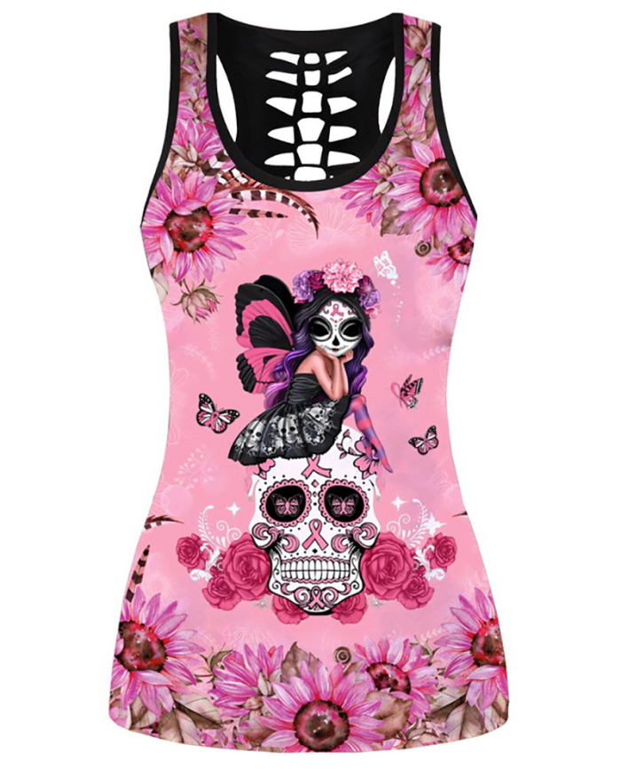 Women Casual Yoga Sport Sleeveless Suit T Shirt YinYang Cat Print 3D Tank Tops Pants Cool Flower Skull Tanks Back Hollow out Vest Casual Tees