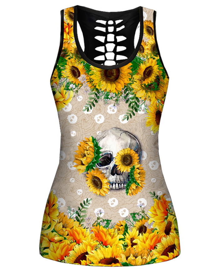 Women Casual Yoga Sport Sleeveless Top T Shirt YinYang Cat Print 3D Tank Tops Cool Flower Skull Tanks Back Hollow out Vest Casual Tees