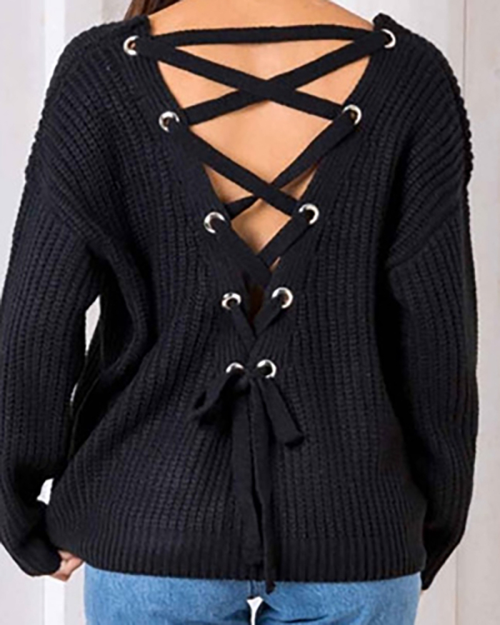 Women Sexy Double V Neck Back Cross Band Hollowed-out Long Sleeve Sweater