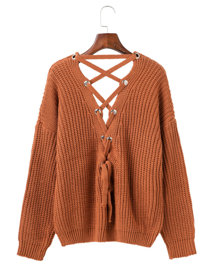 Women Sexy Double V Neck Back Cross Band Hollowed-out Long Sleeve Sweater
