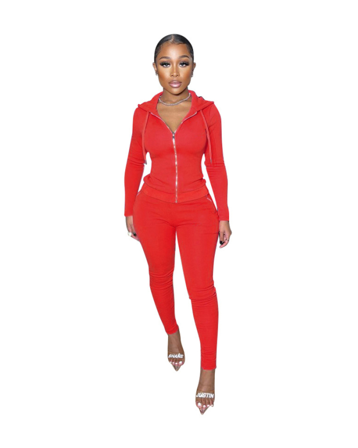 Long Sleeve Solid Color Sporty Two Piece Pant Set S-XXL
