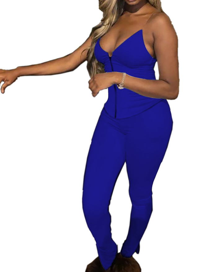 Fashion Hot-Selling Sling Low-Neck Zipper Sleeveless Corset Trousers Two-Piece Set Solid Color S-XXL