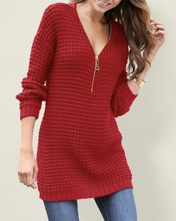 Medium Length Zipper V-neck Sweater Dress