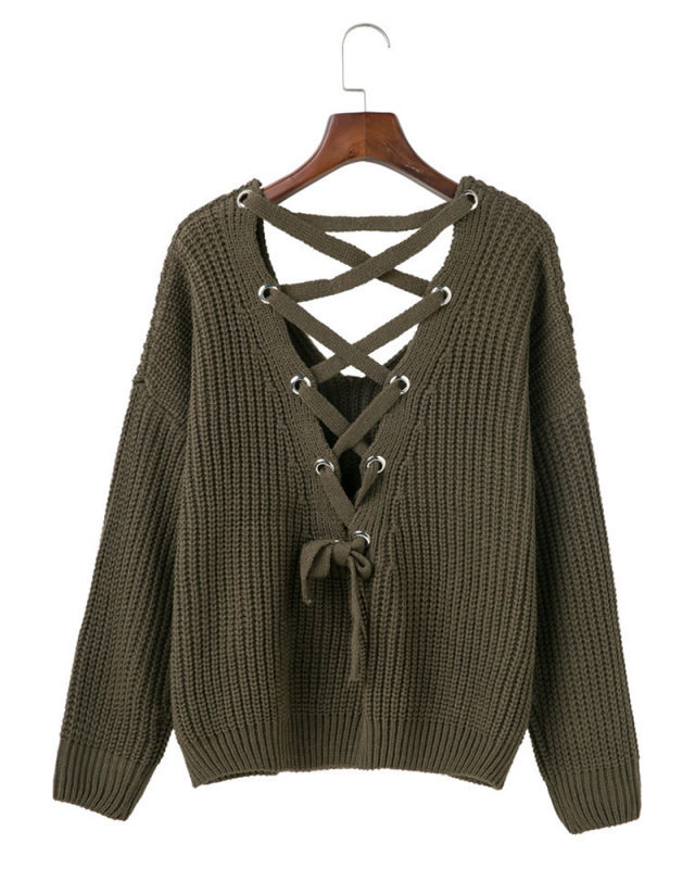 Women Sexy Double V Neck Back Cross Band Hollowed-out Long Sleeve Sweater