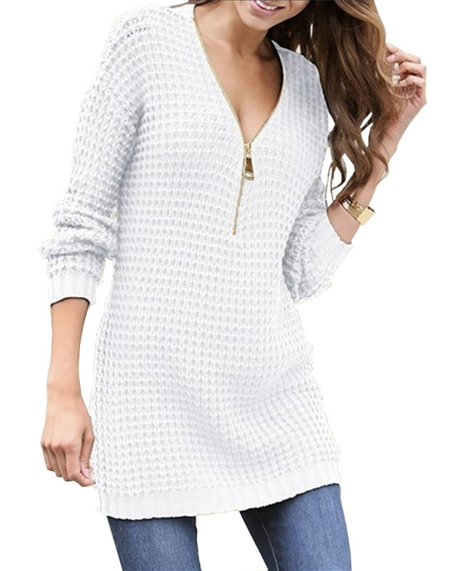 Medium Length Zipper V-neck Sweater Dress