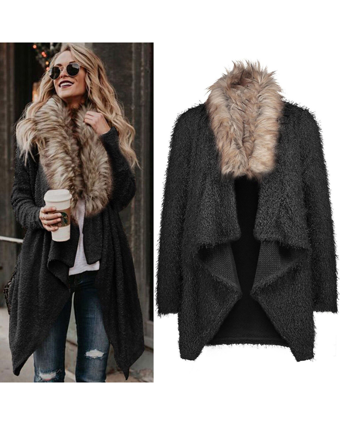 Women Fur Collar Knitted Sweater Coat Khaki Black S-2XL