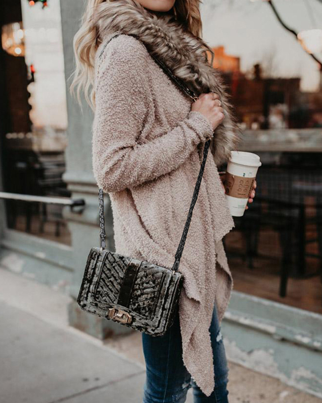 Women Fur Collar Knitted Sweater Coat Khaki Black S-2XL