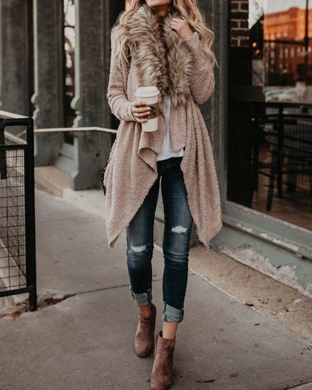 Women Fur Collar Knitted Sweater Coat Khaki Black S-2XL