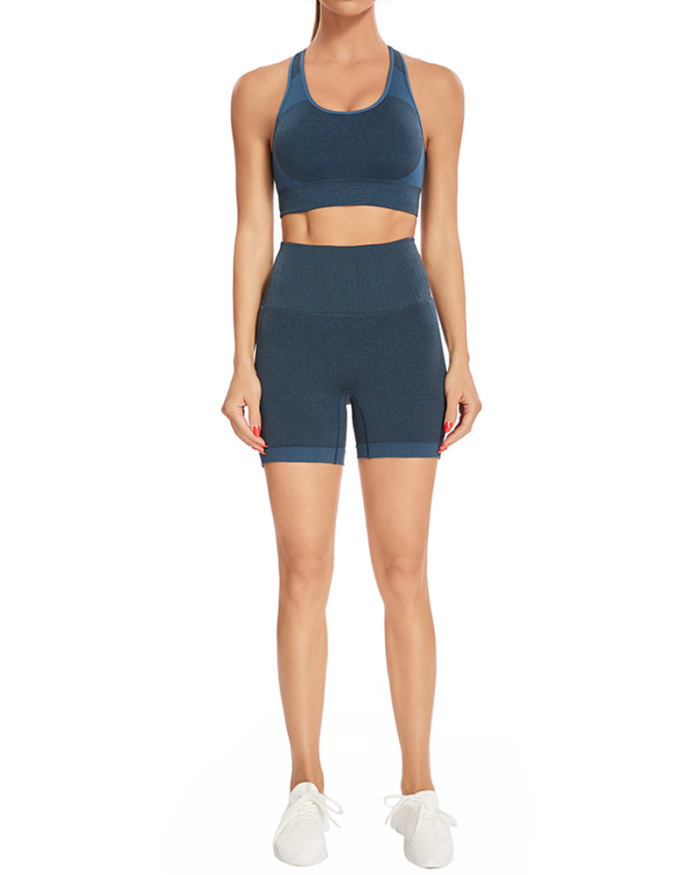 Women Summer Back Open Shorts Set Seamless Yoga Two-piece Sets Black Blue Green Orange S-XL