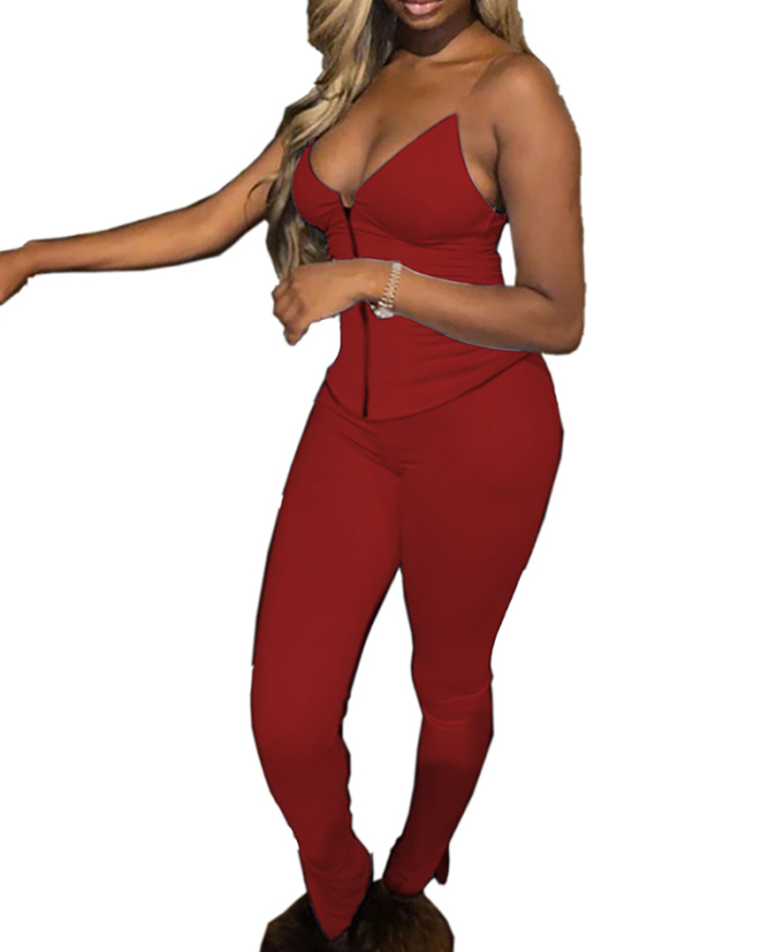 Fashion Hot-Selling Sling Low-Neck Zipper Sleeveless Corset Trousers Two-Piece Set Solid Color S-XXL
