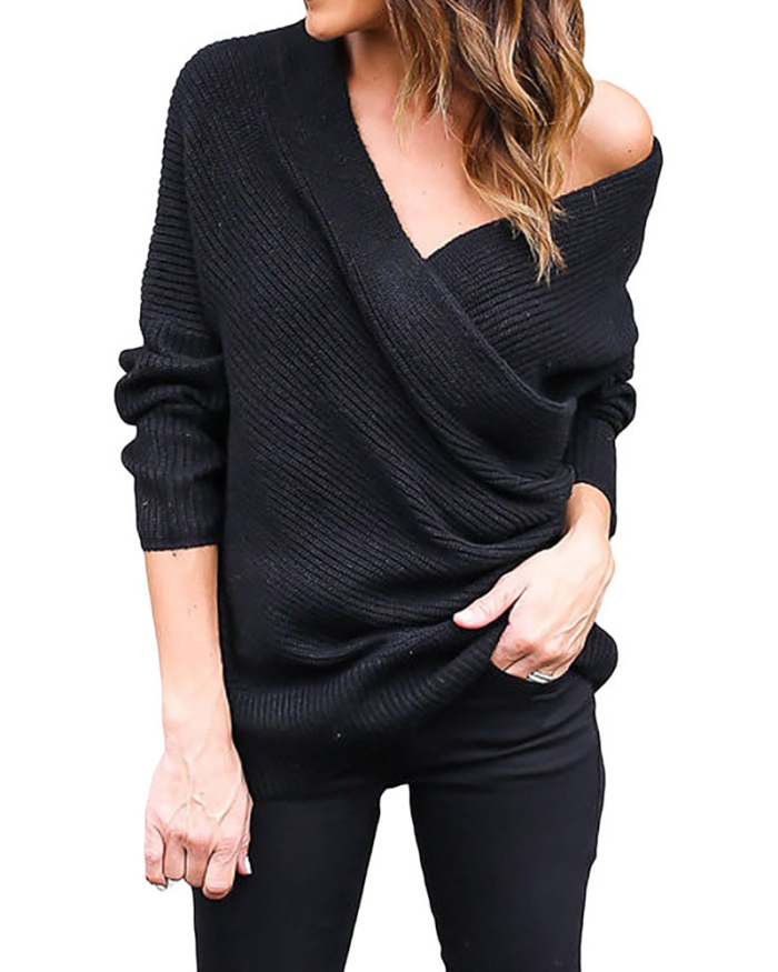 Women Pure Color Sexy V-neck Long Sleeve Slim Knit Sweater Top