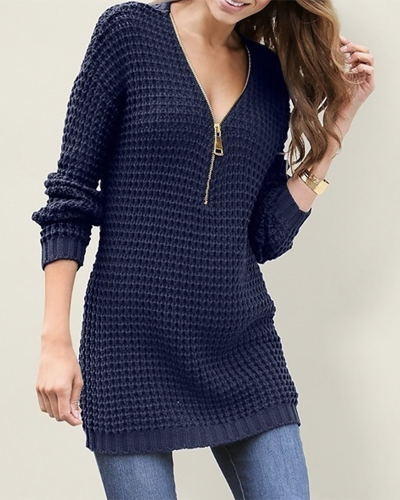 Medium Length Zipper V-neck Sweater Dress