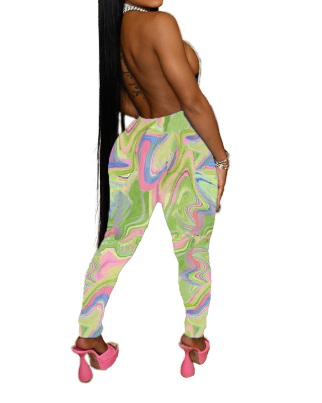 New Fashion Lace-Up Corrugated Printing Cross Halter Neckline Open Back Halter Jumpsuit S-XL