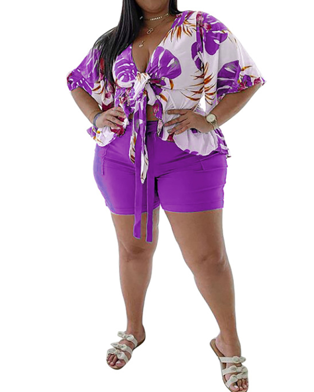Women Printing Casual Two Piece Set Purple Black Green Red Orange L-4XL