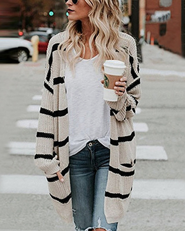 Women Long Striped Cardigan Street Style 2 Color