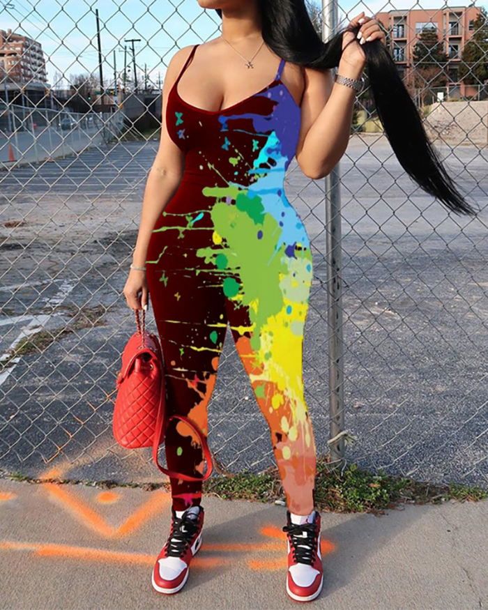 Ladies Fashion New Graffiti Printed Low-Cut Sling Skinny Jumpsuit S-XXL