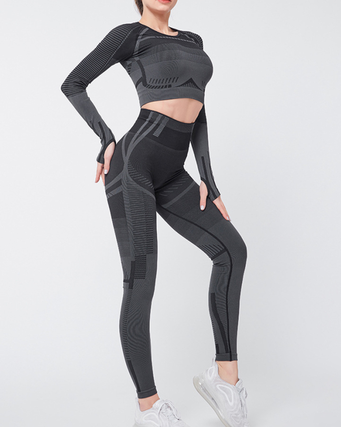 Sports Fitness Two-Piece Suit Exposed Long-Sleeved Yoga High-Waist Pants S-L