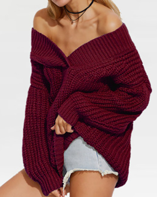 Lady V-Neck Solid Color Warm Comfortable Sweater Tops Gray Black Red Green 