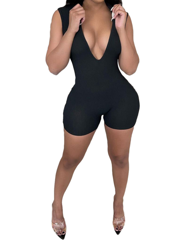 Fashion New Summer Slim Sleeveless Low V-Neck Pack Butt Hole Striped Solid Color Jumpsuit S-XXL