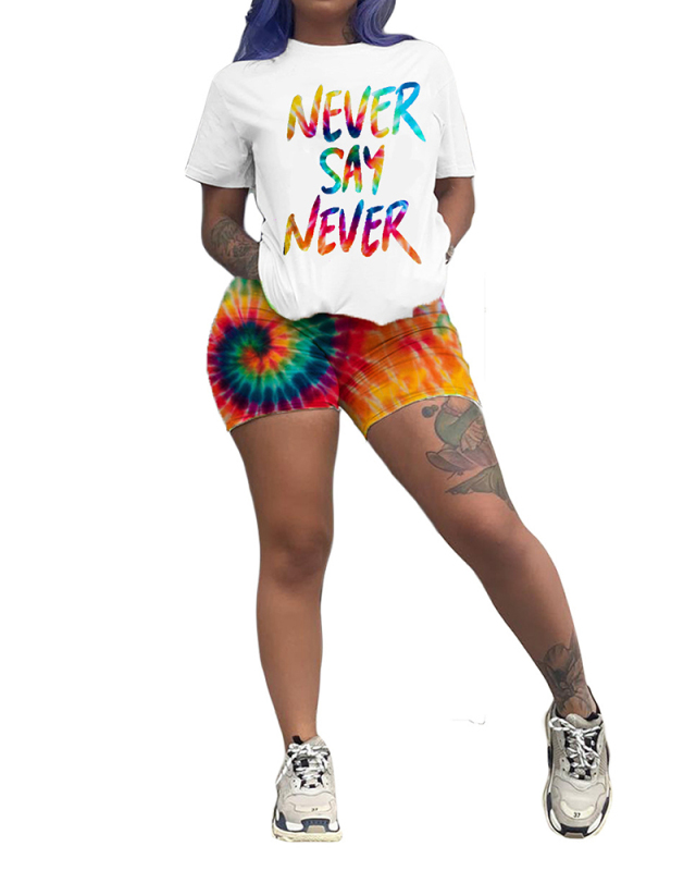 Summer Ladies Fashion New Letter Printed Top Gradient Color Shorts Casual Two-Piece Suit S-XXXXL