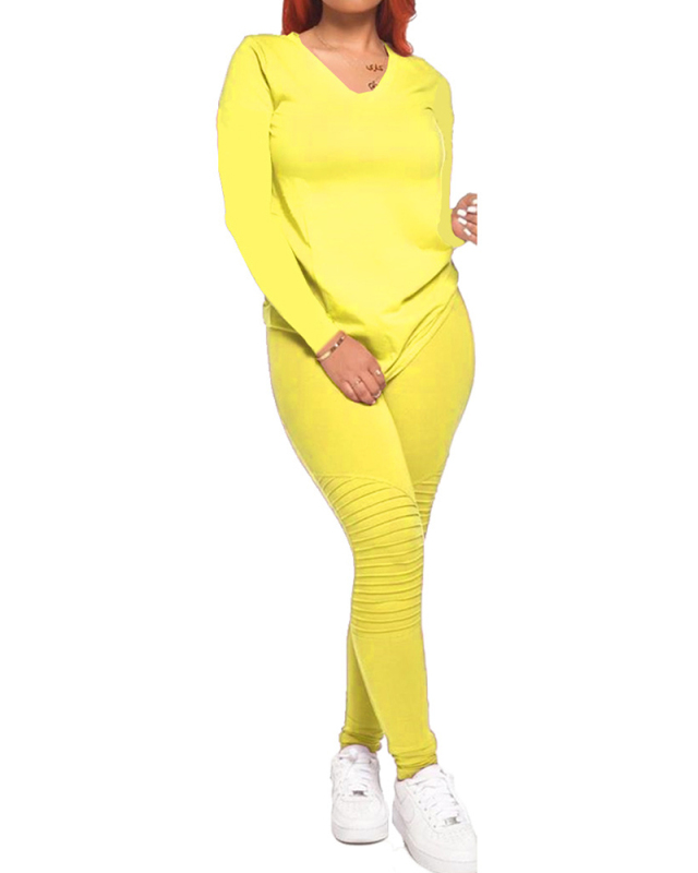 Fashion New Ladies V-Neck Long-Sleeved Pants Pleated Solid Color Two-Piece Suit S-XXL