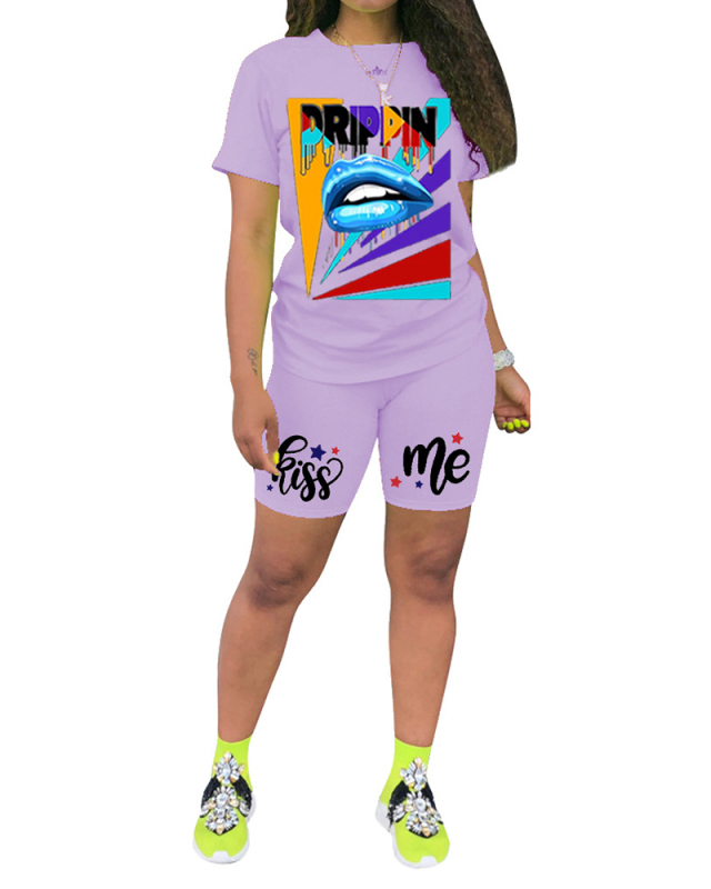 Fashion Summer New Products Ladies Sexy Lips Kiss Me Casual Two-Piece Suit S-XXXXL