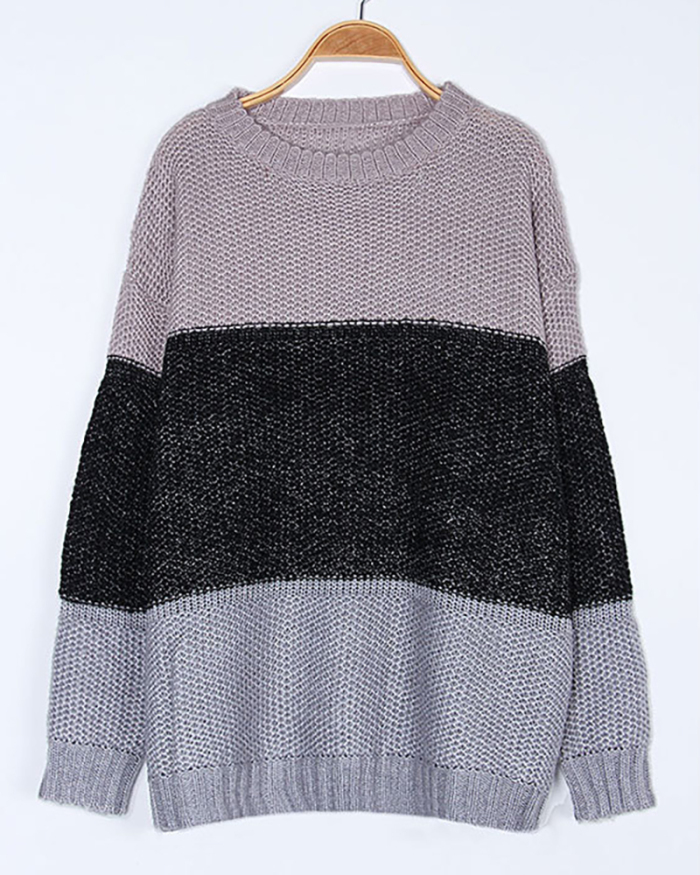 Women Stripe Colorblock Warm Sweater Tops Purple Khaki S-XL 