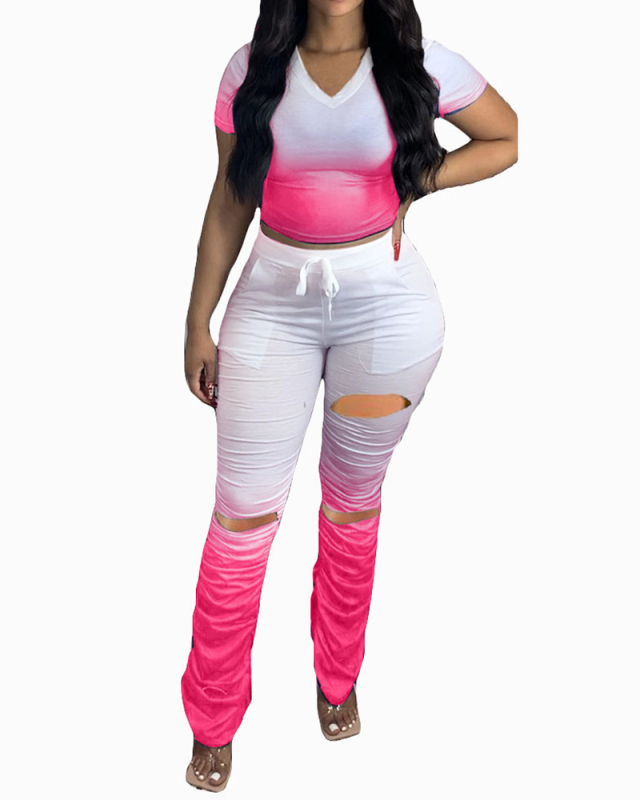 Ladies Fashion Hot-Selling Gradient Color V-Neck Short-Sleeved Pleated Trousers Waist Lace Torn Hole Two-Pieces S-XXL