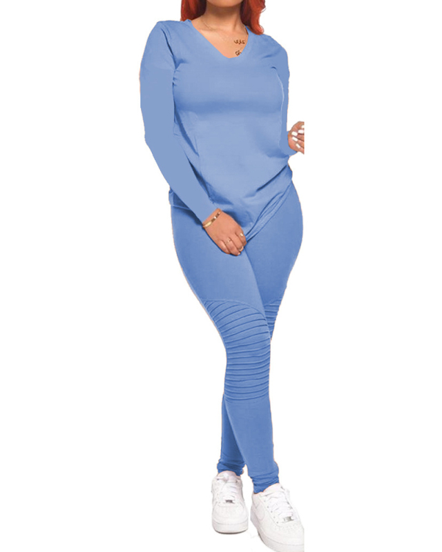 Fashion New Ladies V-Neck Long-Sleeved Pants Pleated Solid Color Two-Piece Suit S-XXL