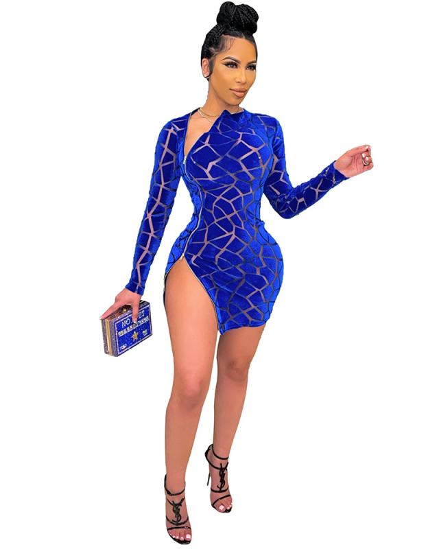 Long Sleeve Street Zipper Design See-through Patchwork Mini Dress S-XXL
