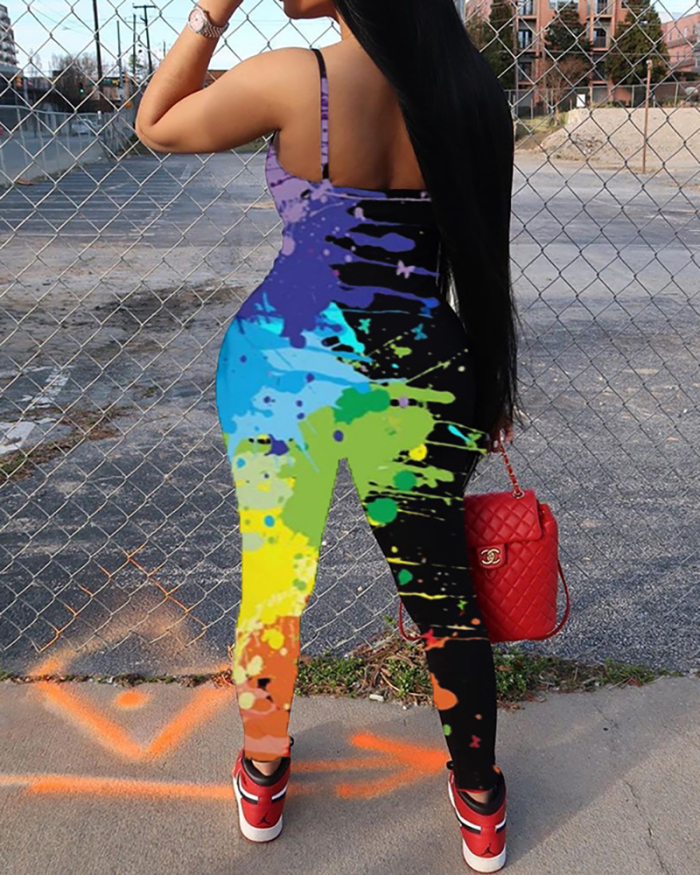 Ladies Fashion New Graffiti Printed Low-Cut Sling Skinny Jumpsuit S-XXL