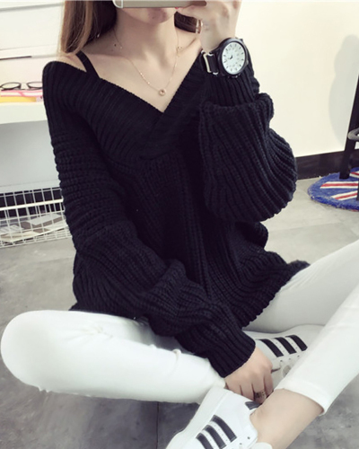Lady V-Neck Solid Color Warm Comfortable Sweater Tops Gray Black Red Green 