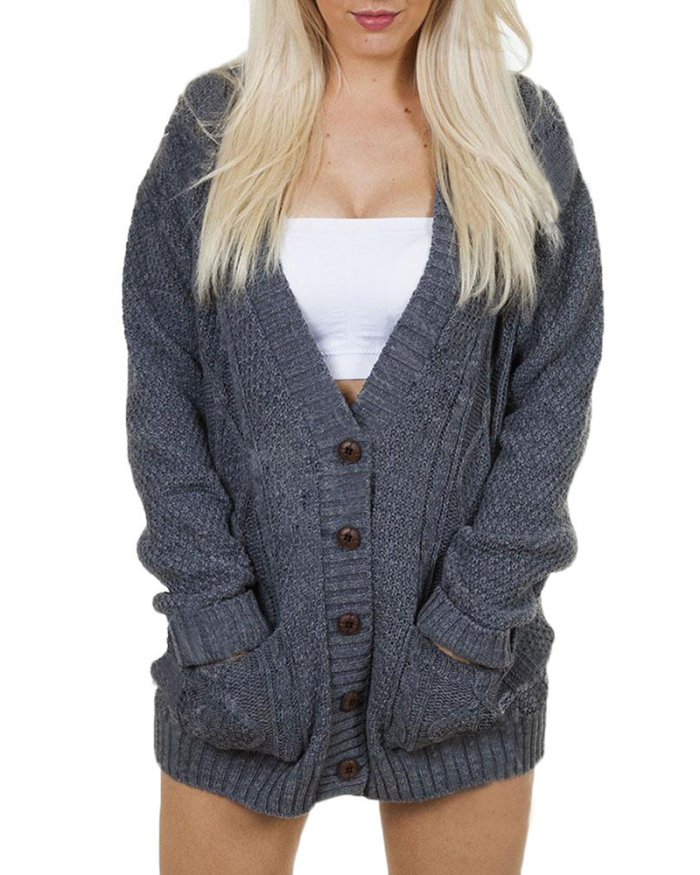 Women Solid Color V-Neck Sweater Coat Tops Gray Black S-XL 