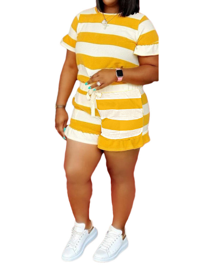 Striped Print Loose Agaric Hem Casual Short Sleeve T-shirt Set