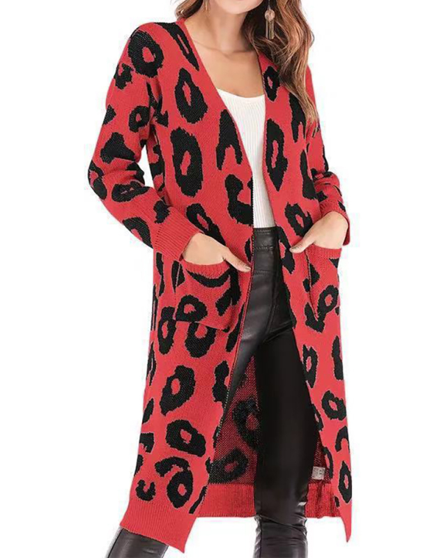 Women Leopard Printing Warm Sweater Coats Khaki Yellow Red Gray Black S-3XL 
