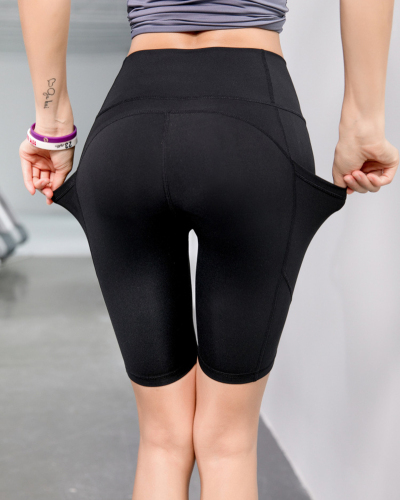 Women Elastic Pocket Shorts Slim High Waist Push Up Short Pants Woman Workout Quick Dry Shorts Lady Skinny Solid Short