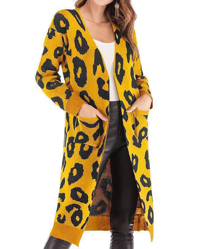Women Leopard Printing Warm Sweater Coats Khaki Yellow Red Gray Black S-3XL 