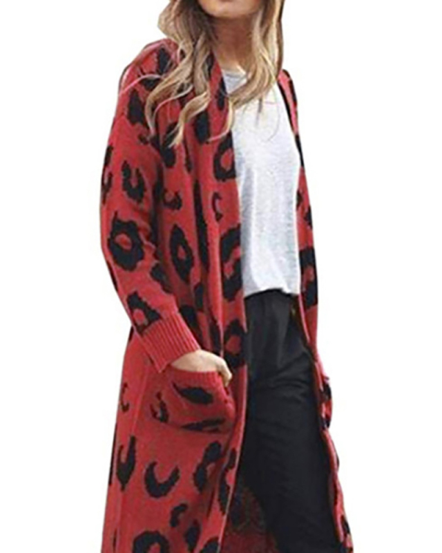 Women Leopard Printing Warm Sweater Coats Khaki Yellow Red Gray Black S-3XL 