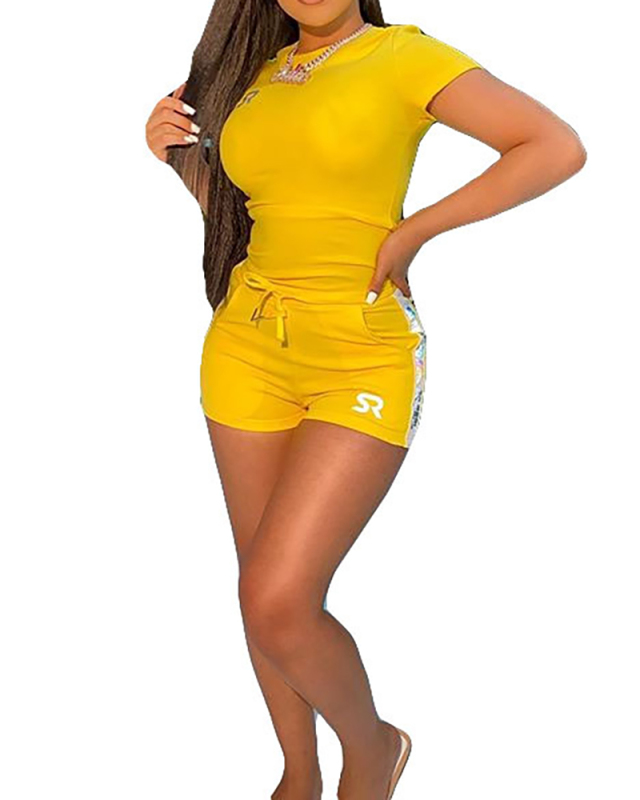 Ladies Letter Printed Solid Color Shorts Waist Tie Casual Two-Piece Set S-XXXL
