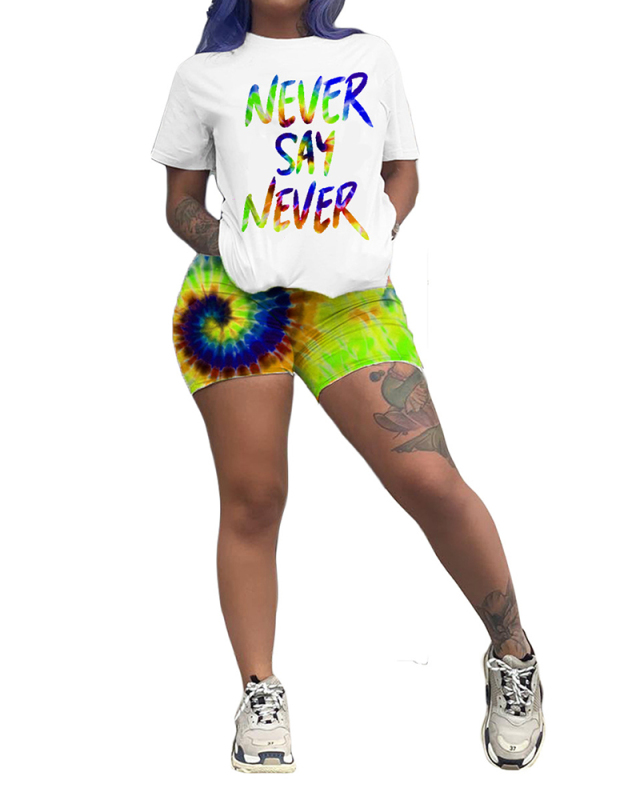 Summer Ladies Fashion New Letter Printed Top Gradient Color Shorts Casual Two-Piece Suit S-XXXXL