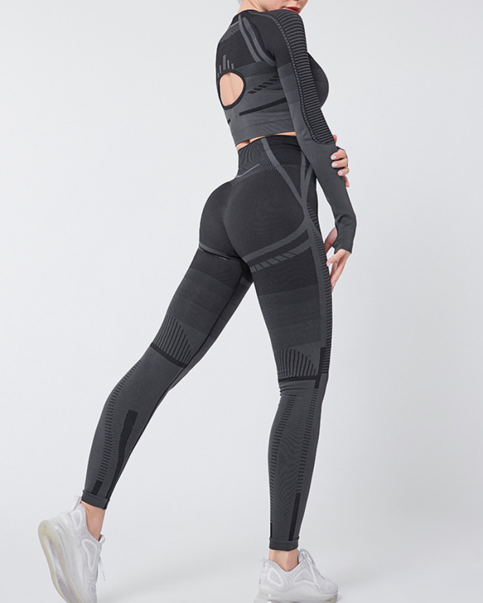 Sports Fitness Two-Piece Suit Exposed Long-Sleeved Yoga High-Waist Pants S-L