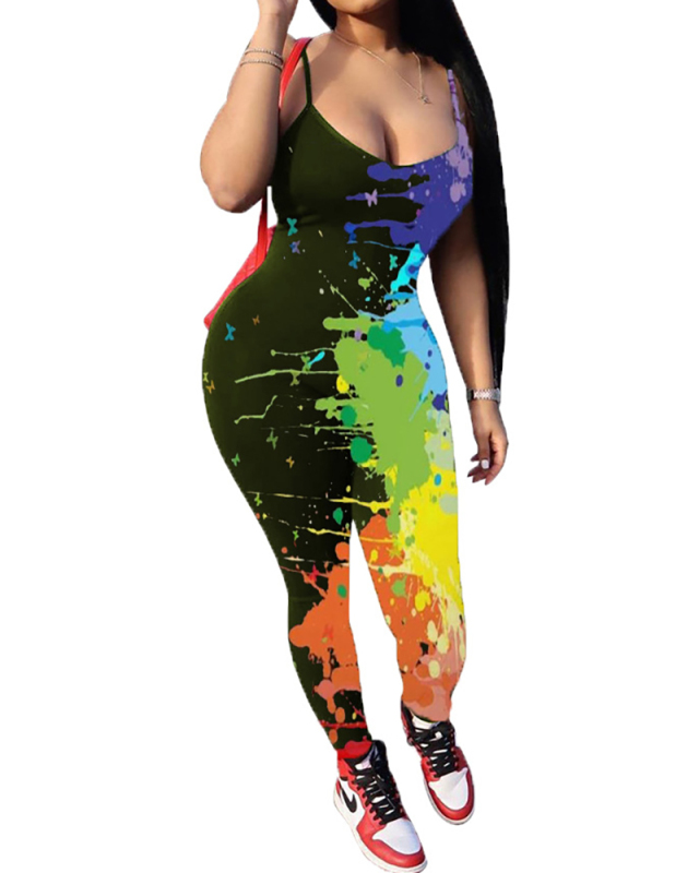 Ladies Fashion New Graffiti Printed Low-Cut Sling Skinny Jumpsuit S-XXL