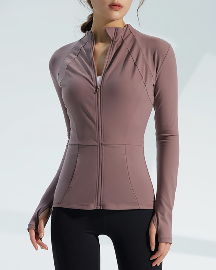 Autumn Slim Fit Collar Workout Sport Coat Women Zipper Nylon Jogger Fitness Jacket With Thumb Holes Quick drying Sport Yoga Tops