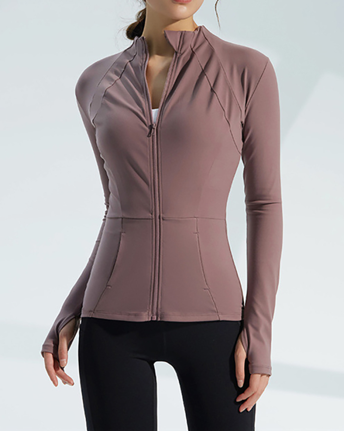 Autumn Slim Fit Collar Workout Sport Coat Women Zipper Nylon Jogger Fitness Jacket With Thumb Holes Quick drying Sport Yoga Tops