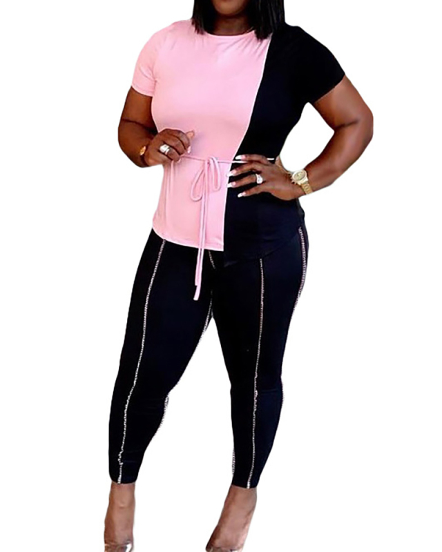 Women Casual Street Style Colorblock Two Piece Set Black Pink Orange Blue S-XL 