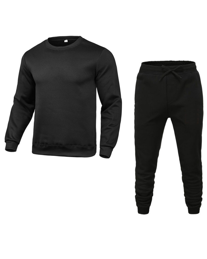 Hot New Men's Pullover Round Neck Long-Sleeved Sweater Two-Piece Suit Solid Color S-XXXL