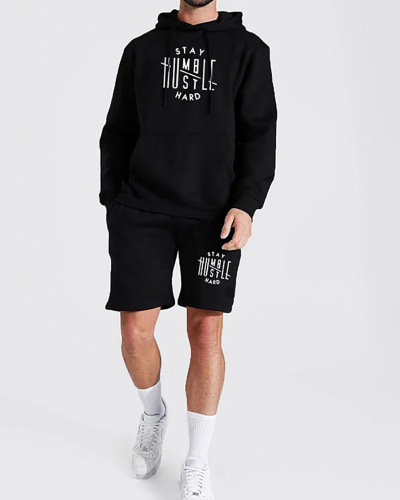 Men's Casual Printed Fleece Sweatshirt Shorts Sports Hooded Suit S-3XL