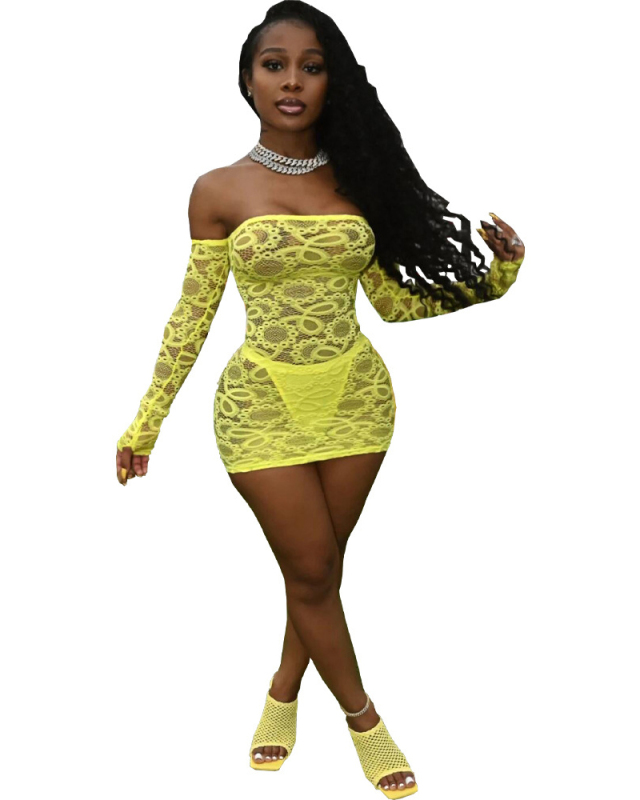 Lace Long Sleeve See Through Party Mini Dress Include Panty S-XL
