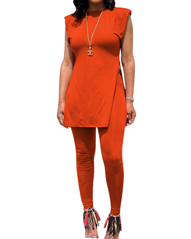 Women Solid Color Sleveless Two Piece Set Orange Gray Black Green Blue S-2XL 
